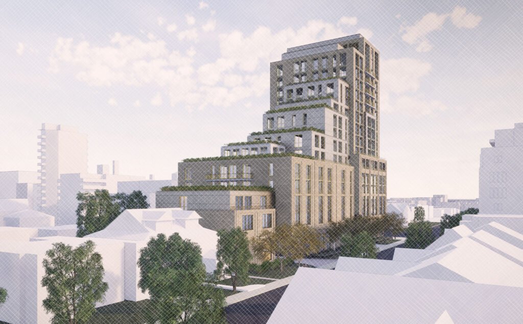 Architectural rendering of a modern, multi-story building with tiered green terraces and large windows—designed to support the delivery of long-term care homes in Ontario—surrounded by trees and smaller buildings under a partly cloudy sky.
